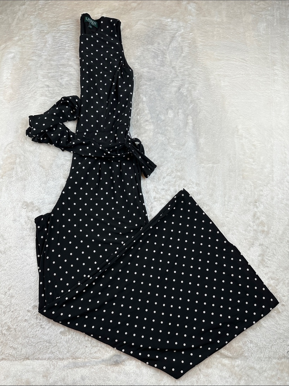 Ralph Lauren Size 6 Black Polka Dot Sleeveless Tie-Waist Jumpsuit | Formal
